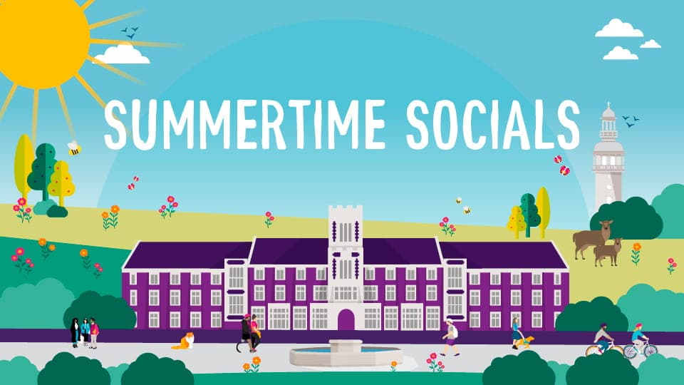 Illustration of Hazlerigg Building with a blue sky and text above reading 'Summertime Socials'